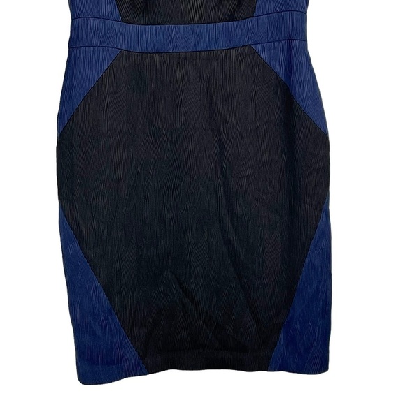 ADRIANNA PAPELL TEXTURED JACQUARD COLORBLOCK SLEEVELESS BLACK BLUE SHEATH DRESS - Picture 6 of 15